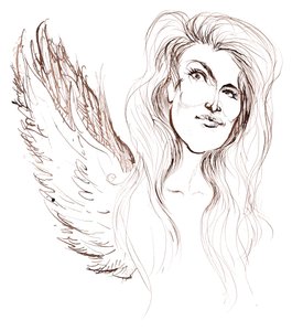 Angela Carter, romancière et journaliste anglaise; caricaturée avec des ailes en référence à son roman Nights at the Circus (1984) - Neale Osborne